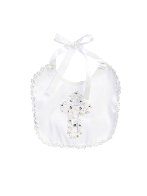 Tip Top Kids Unisex Baby White Rhinestone Pearl Cross Trimmed Satin Bib - SophiasStyle.com